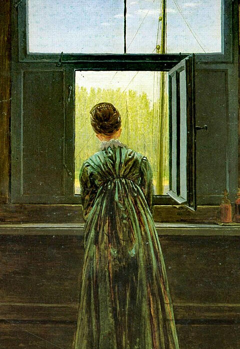 A woman in an Edwardian gown look away from the artist out a window, looking over water to the forest on the other side.