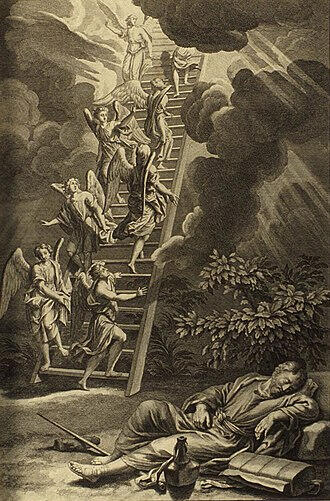 An engraved plate depicting angels coming down from a Heaven shrouded in clouds to the earth where Jacob sleeps, dreaming.