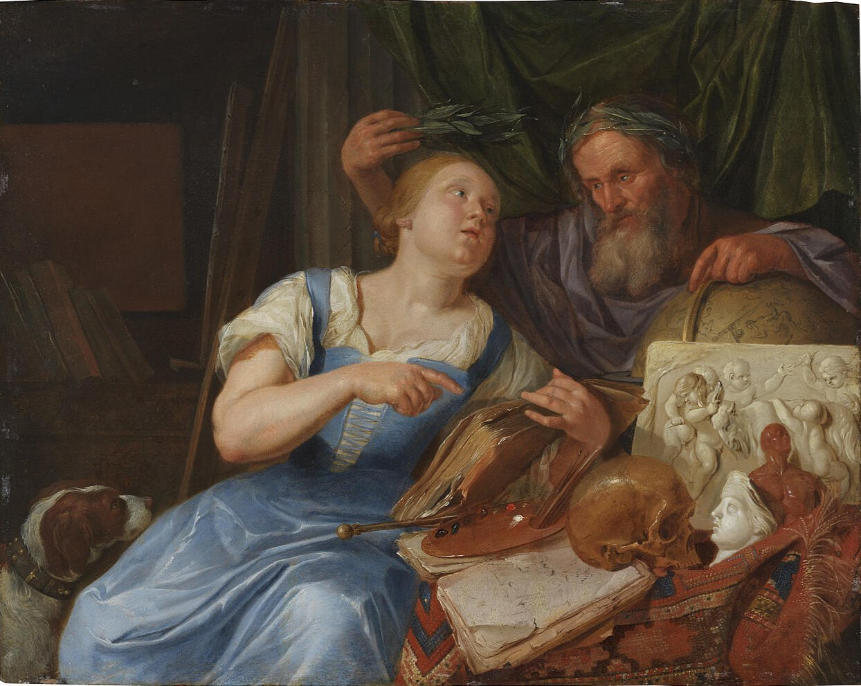 a bearded man signifying poetry adorns a female personification of painting with a wreath of laurel
